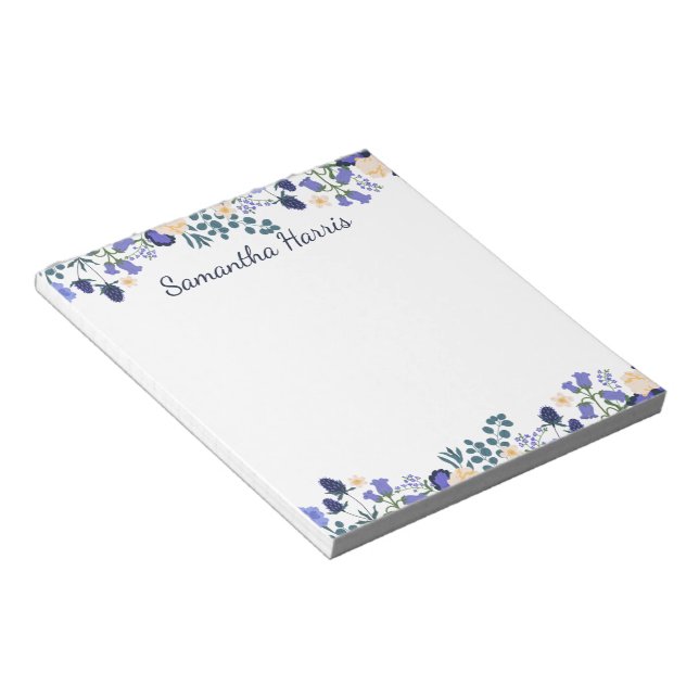 Bloc-note Aquarelle florale Fleurs bleues Nom personnalisé B (Incliné)