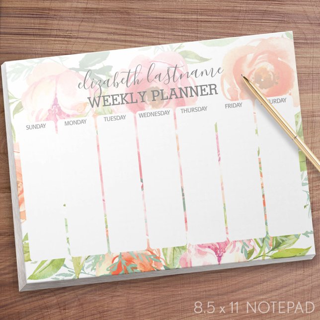 Bloc-note Aquarelle peinte Motif Floral Planificateur hebdom (Weekly Planner Notepad - Personalized)