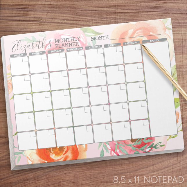 Bloc-note Aquarelle peinte Motif Floral Planificateur mensue (Monthly Planner Notepad - Personalized)