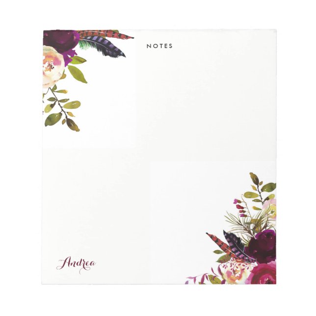 Bloc-note Aquarelle Purple Boho Floral Automne Personnalisé (Devant)