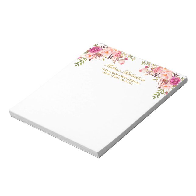 Bloc-note Aquarelle rose Blush Floral Or Personnalisé (Tourné)