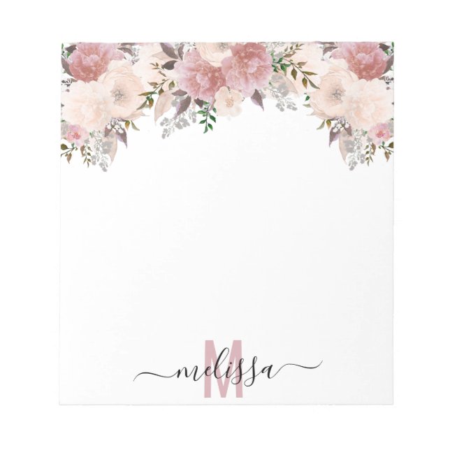 Bloc-note Aquarelle Rose poussiéreuse Fleur florale Monogram (Devant)