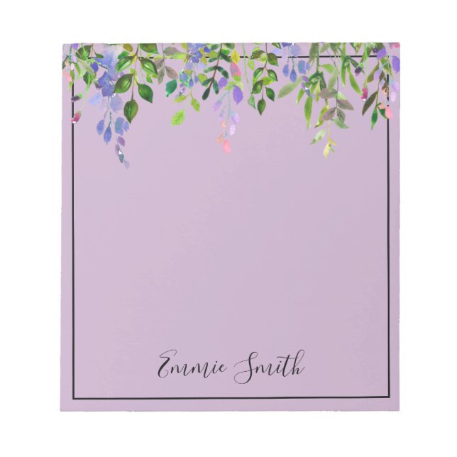 Bloc-note Aquarelle violet vert floral Feuilles personnalisé (Devant)