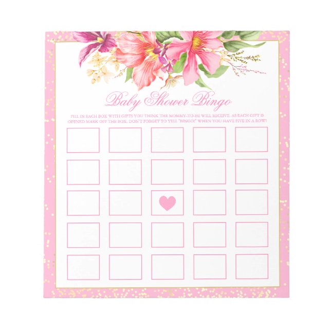 Bloc-note Baby shower Bingo Jeu Chic Fleurs Bouquet Rose (Devant)
