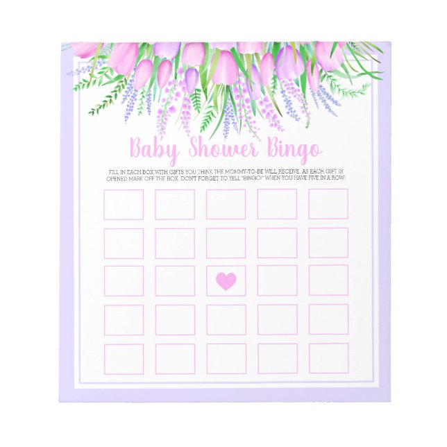 Bloc-note Baby shower Bingo Jeu Floral Lavender Tulips rose (Devant)