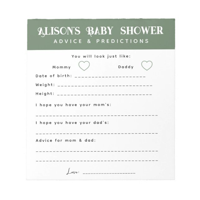 Bloc-note Baby shower de conseils et de prédictions de la ta (Devant)