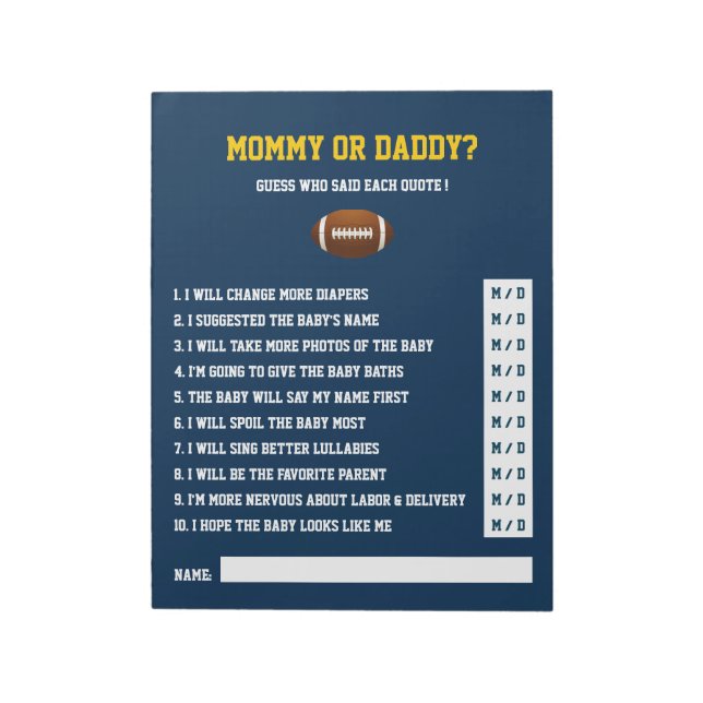 Bloc-note Baby shower de FOOTBALL Jaune Bleu Jaune JEU (Tourné)