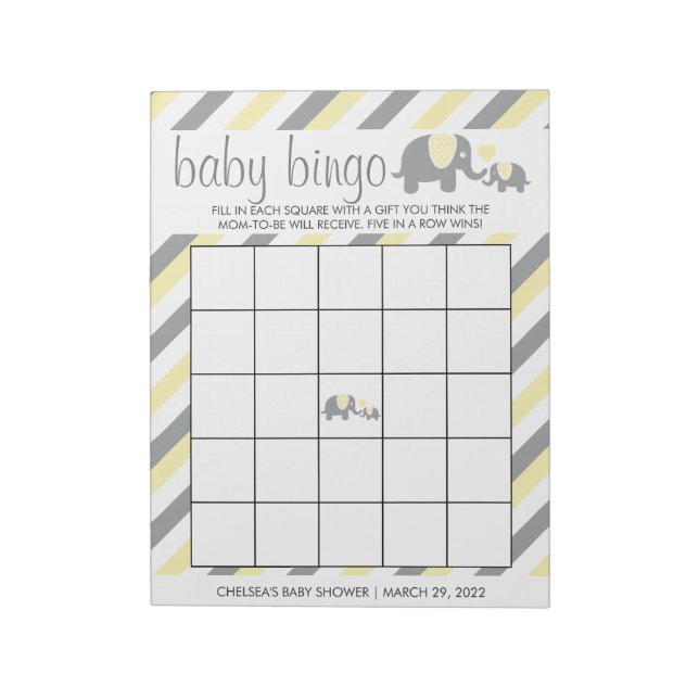 Bloc-note Baby shower éléphant à rayures jaune et gris - Bin (Tourné)