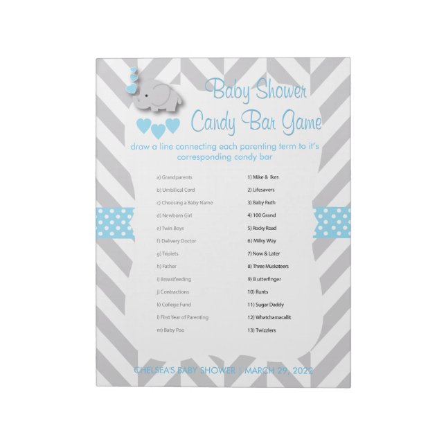 Bloc-note Baby shower Eléphant bleu et gris doux - Jeu (Tourné)