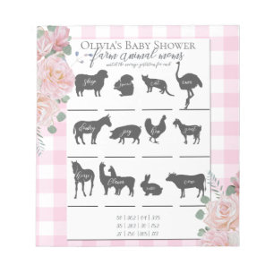 Bloc-note Baby shower Farm Animal Games Roses roses En vichy