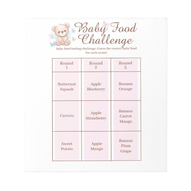Bloc-note Baby shower Food Challenge Activité de jeu Bloc-no (Devant)