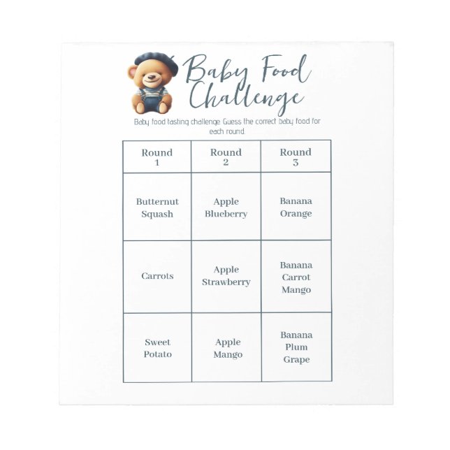 Bloc-note Baby shower Food Challenge Activité de jeu Bloc-no (Devant)