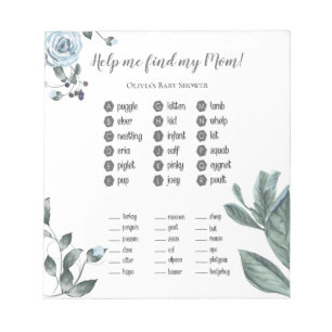 Bloc-note Baby shower Games Aquarelle Dusty Blue Floral
