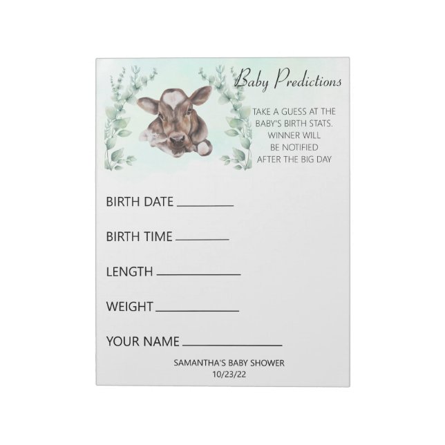 Bloc-note Baby shower Guesses Jeu Vache Calf Eucalyptus (Tourné)