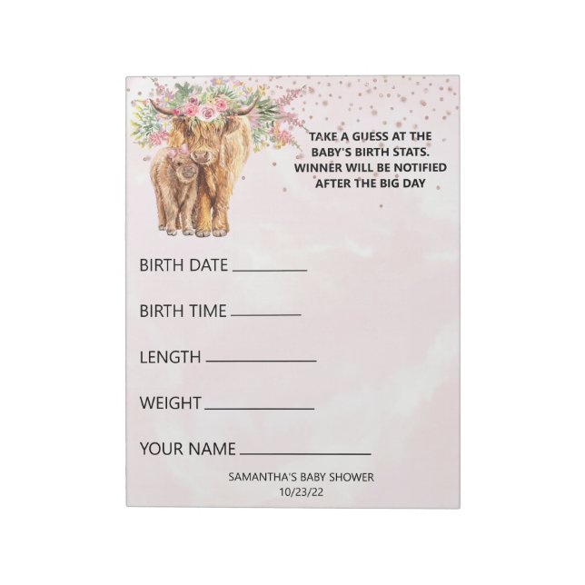 Bloc-note Baby shower Guesses Jeu Vache Highland Rose (Tourné)