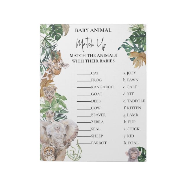 Bloc-note Baby shower Jungle Safari Animaux Match Up jeu (Tourné)