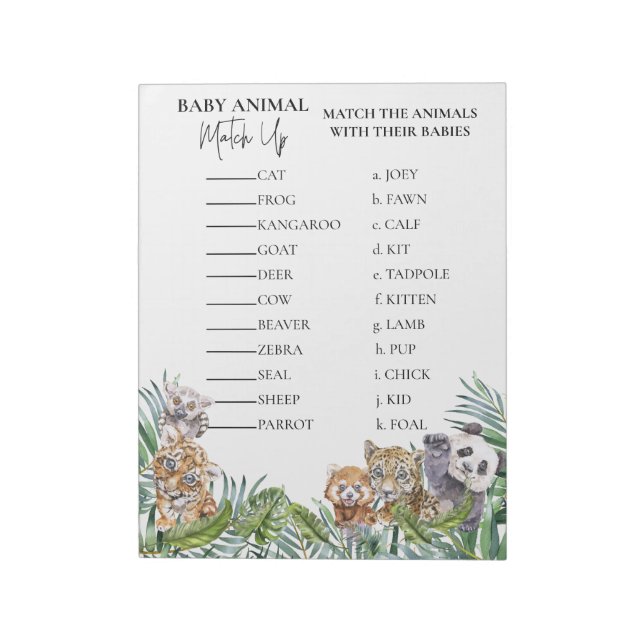 Bloc-note Baby shower Jungle Tropical Match Up Jeu (Tourné)