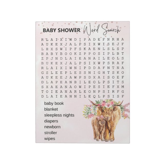 Bloc-note Baby shower Rose Highland vache Jeu Recherche Word (Tourné)