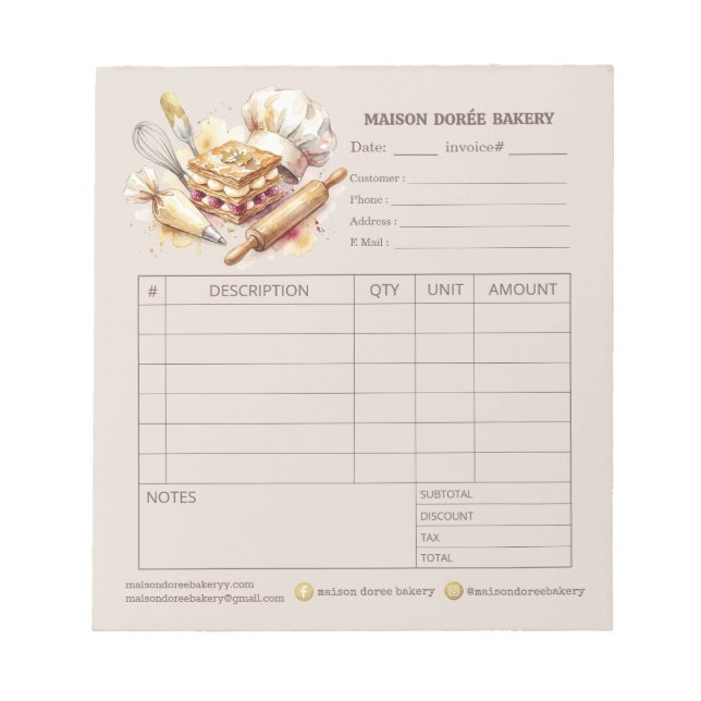 Bloc-note Bakery Pastry Chef Invoice Sale Order Form Receipt (Devant)