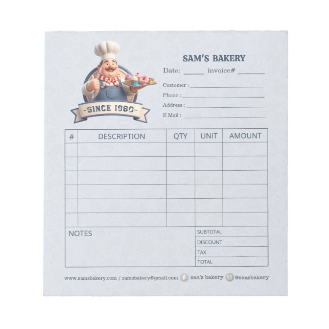 Bloc-note Bakery Pastry Chef Invoice Sale Order Form Receipt (Devant)