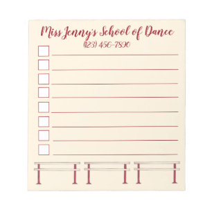 Bloc-note Ballet Barre Dance Studio Professeur personnalisé