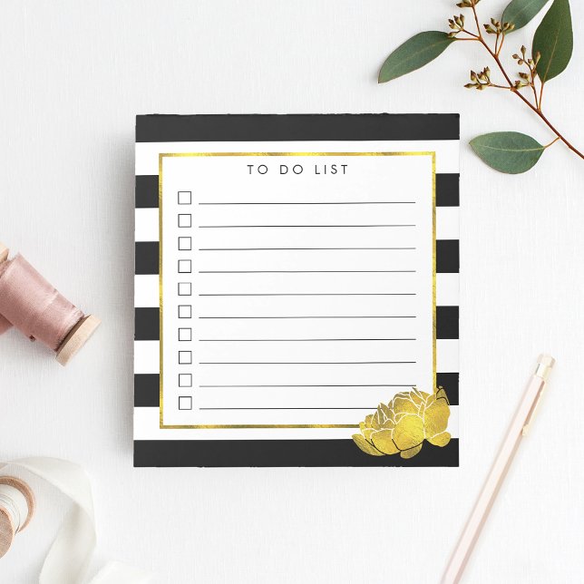 Bloc-note Bande Noire & Faux Gold Peony To Do List (Créateur téléchargé)
