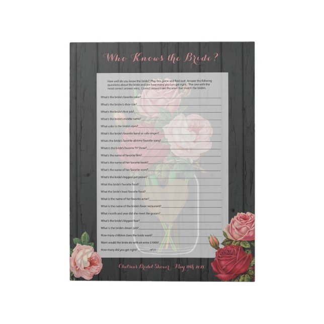 Bloc-note Beau Rose Mason Jar Fête des mariées Jeu (Tourné)