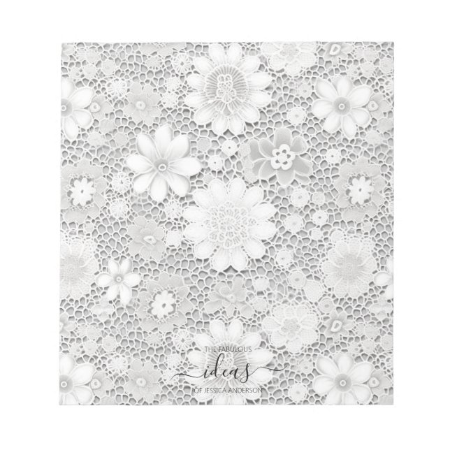 Bloc-note Belle dentelle florale blanche nom pavé papier (Devant)