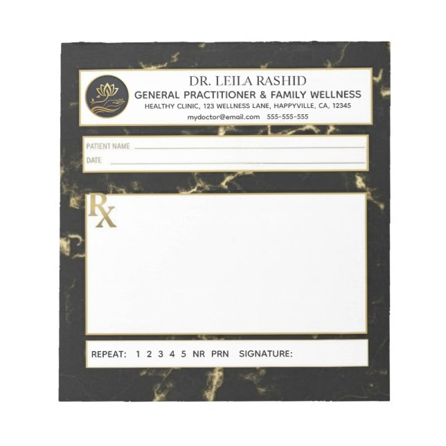 Bloc-note Black & Gold Faux Marble Doctor Prescription (Devant)