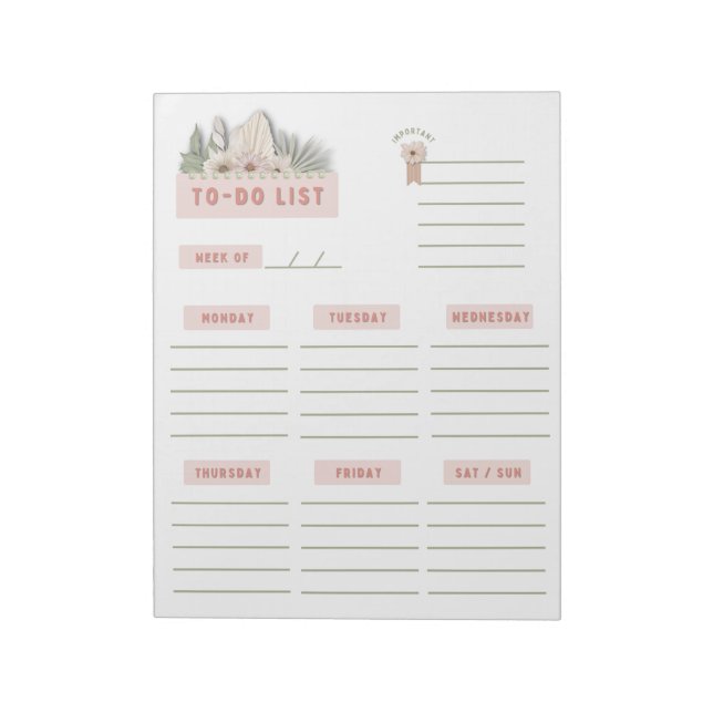 Bloc-note Blanc vert rose floral Boho Pages hebdomadaires de (Tourné)