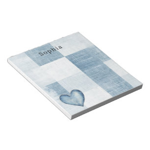 Bloc-note Bleu Blanc Denim Jean Coeur Nom personnalisé