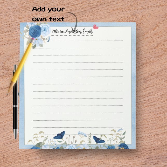 Bloc-note Blue Beige Floral Heart Custom Name Notepad (Blue Beige Floral Heart Custom Name Notepad)