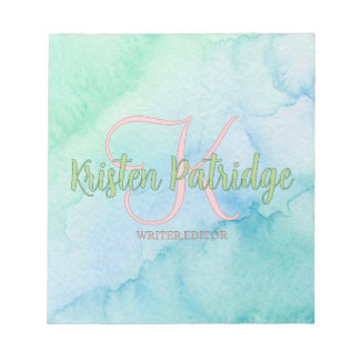 Bloc-note blue green watercolor editor writer name monogram 