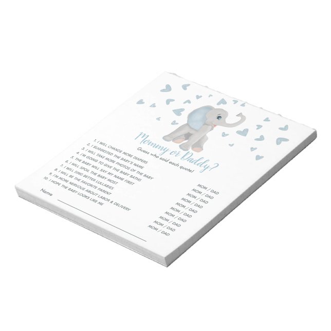 Bloc-note Blue Grey Elephant Baby shower Devinez Qui (Tourné)