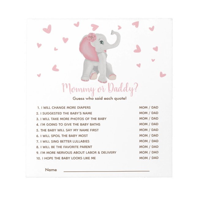 Bloc-note Blush Pink Elephant Devine Qui Baby shower Jeu (Devant)