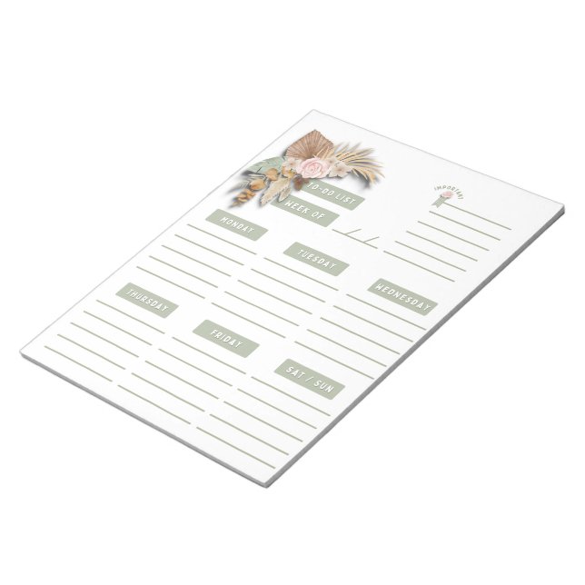 Bloc-note Boho Floral Rose Vert Pages Hebdomadaires (Incliné)