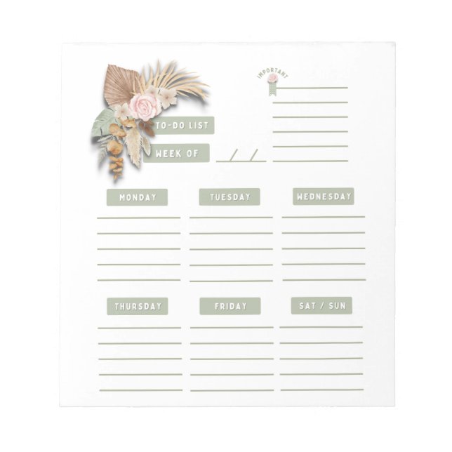 Bloc-note Boho vert rose Floral Organisateur hebdomadaire (Devant)