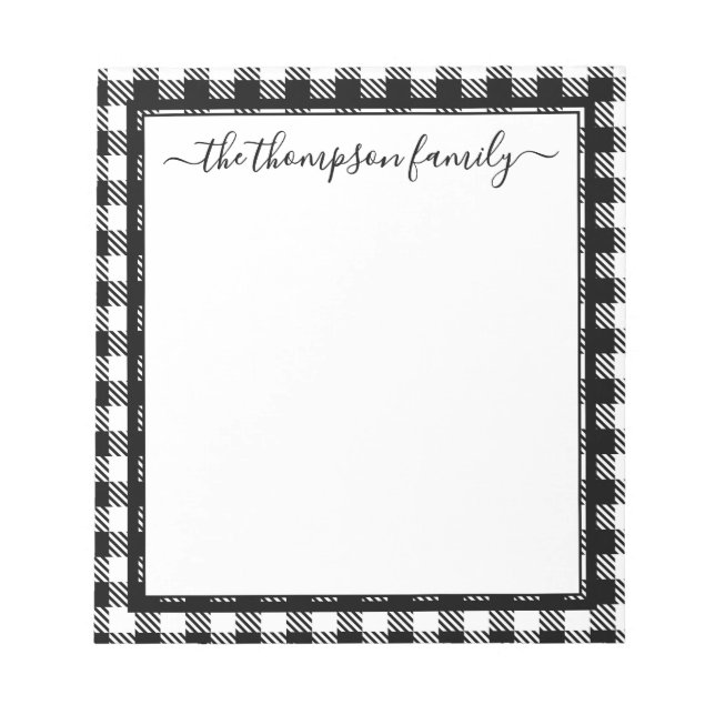 Bloc-note Buffalo Plaid Black White Script Nom de famille (Devant)