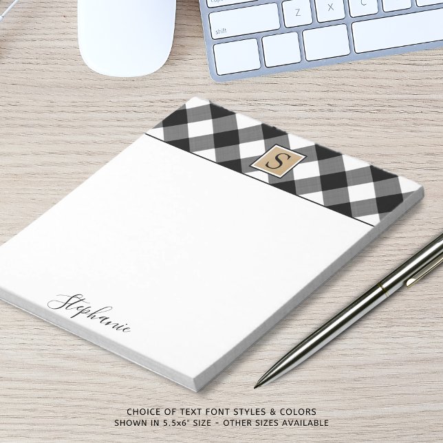 Bloc-note Buffalo Plaid Monogramme Nom du script Noir Blanc (Créateur téléchargé)