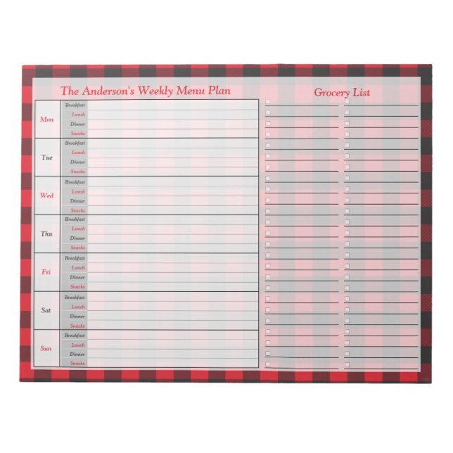Bloc-note Buffle noir rouge Plaid Menu Plan personnalisé (Devant)