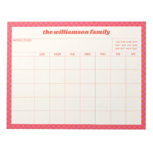 Bloc-note Calendrier familial simple rose à carreaux rouge