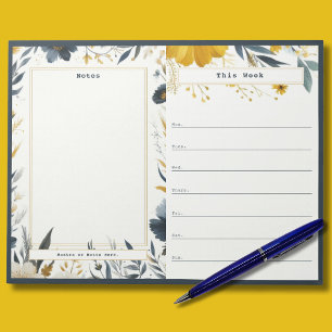 Bloc-note Calendrier hebdomadaire floral bleu marine et or