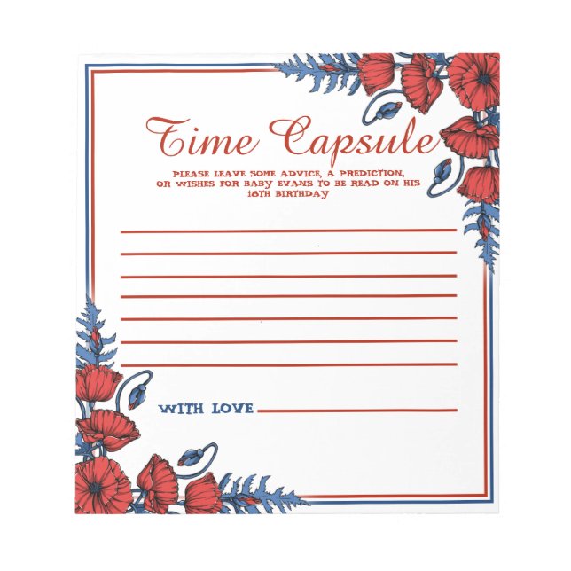 Bloc-note Capsule de Baby shower Floral de pavot (Devant)