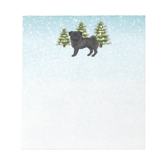 Bloc-note Carlin noir mignon caricature Chien Snowy Winter F (Devant)