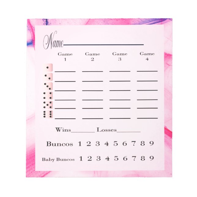 Bloc-note carte de pavé de score bunco aquarelle rose (Devant)