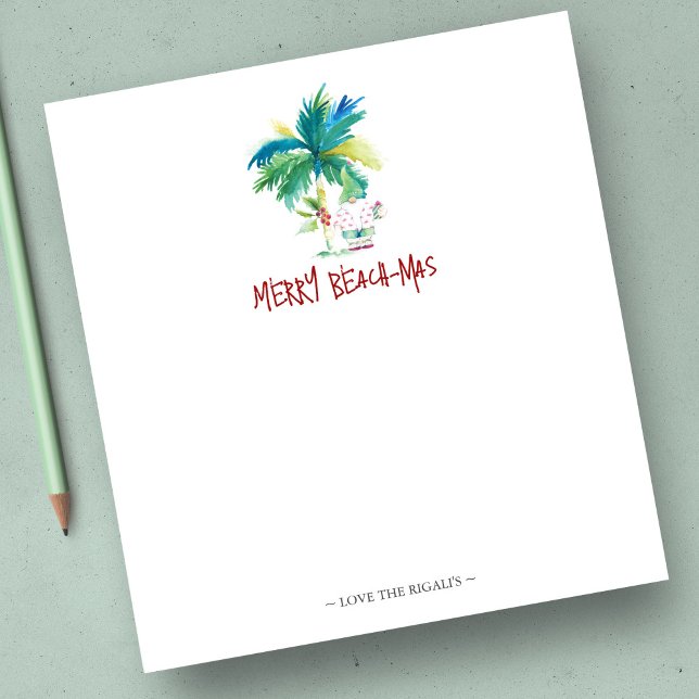 Bloc-note Cartes de Noël tropicales Palm Tree (Beach Christmas notepads features palm tree and Santa watercolor art by Victoria Grigaliunas)