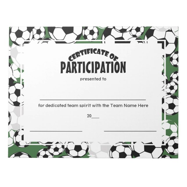 Bloc-note Certificats de participation au football (Devant)