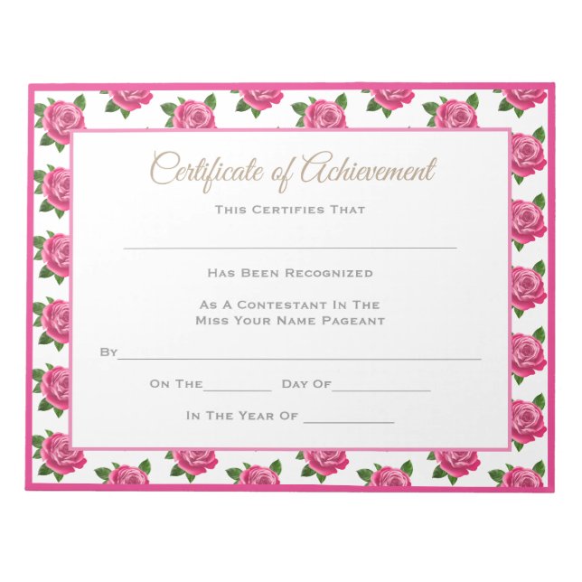 Bloc-note Certificats-Roses de concours de style Miss Americ (Devant)