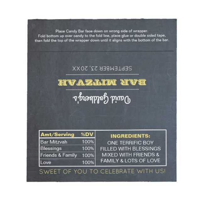 Bloc-note Chalkboard Golden Bar Mitzvah Candy Wrappers (Devant)