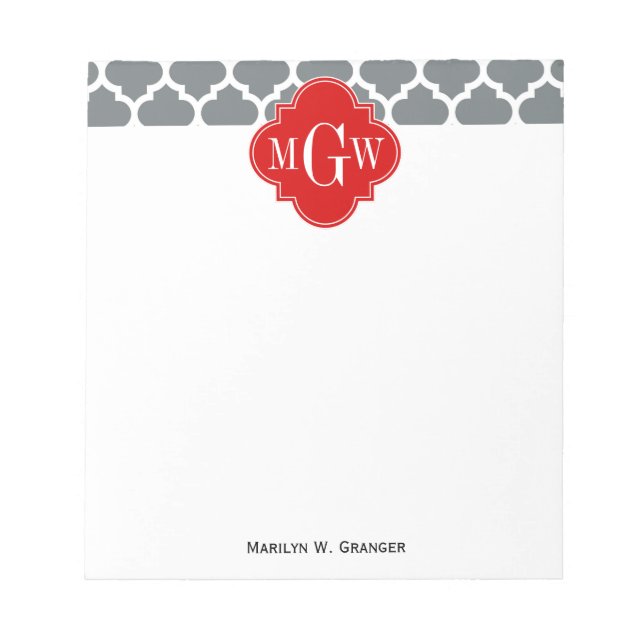 Bloc-note Charcoal, White Moroccan #5 Red 3 Initial Monogram (Devant)